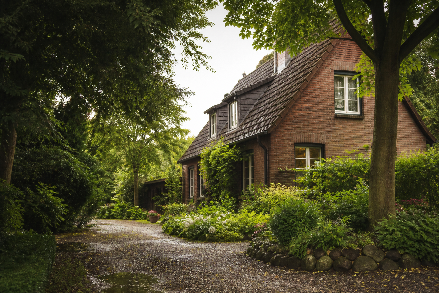 Generische Wohnhausillustration mit Garten, ohne Saarbrücker Ortsbezug